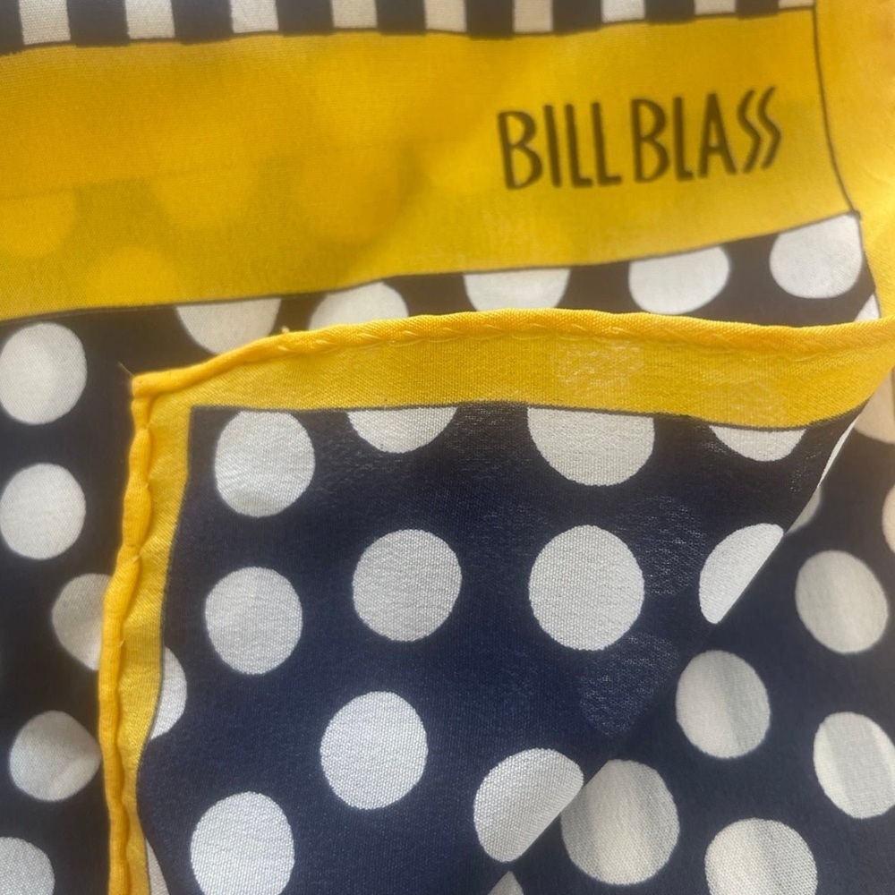 Vintage BILL BLASS Blue & Yellow Striped and Polka Dot Silk Scarf - Picture 7 of 12